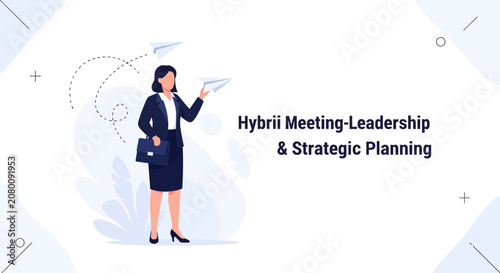 Businesswoman launching paper airplanes symbolizing strategy, innovation, and goal achievement in hybrid meetings.