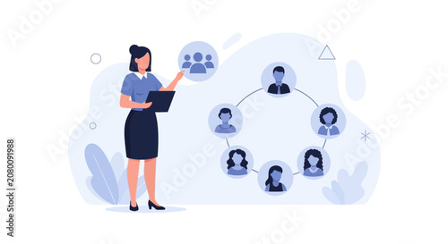 Businesswoman leading team, illustrating network connection, collaboration, and communication in modern workplace