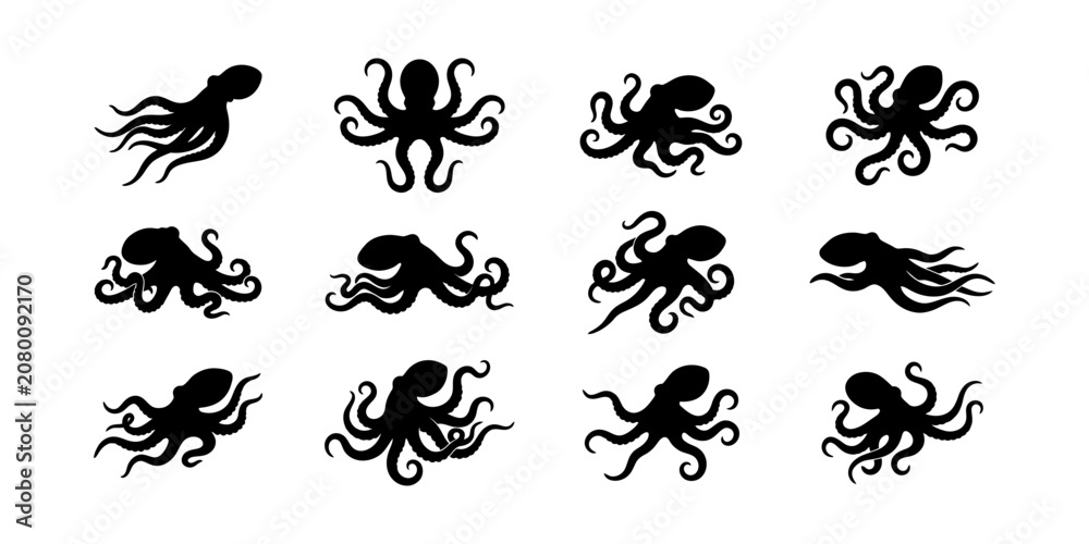 Obraz premium Set of black octopus silhouettes isolated on white background. vector collection of various cephalopod shapes, ocean creature icon bundle for design element.
