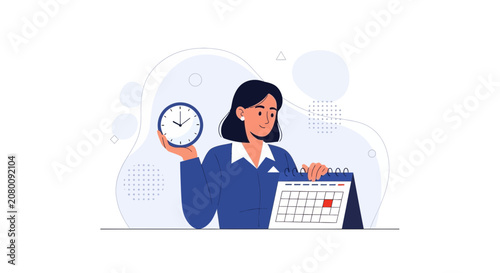 Businesswoman managing time and schedule with clock and calendar, vector illustration, modern flat design, concept of planning and organization.