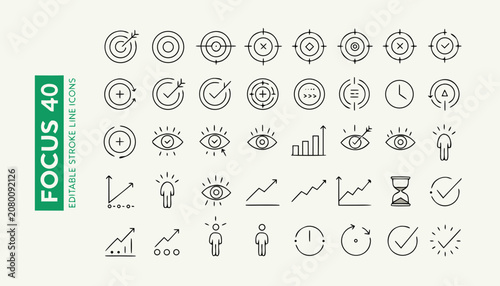 Focus editable stroke line icons set for strategic business growth and precision.