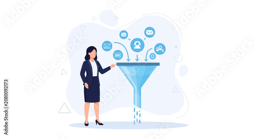 Businesswoman operating a sales funnel, illustrating lead generation, customer acquisition, and marketing processes.
