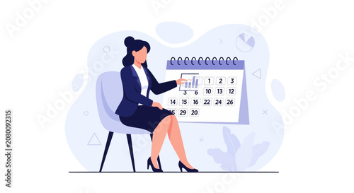 Businesswoman planning with calendar and growth chart, representing strategy and scheduling