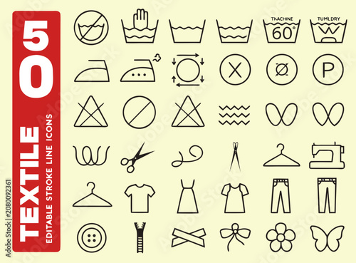 Textile laundry care symbols editable stroke line icons washing instructions concept vector.