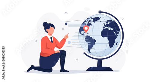 Businesswoman pointing at a globe, illustrating global business, education, or travel with data visualization.