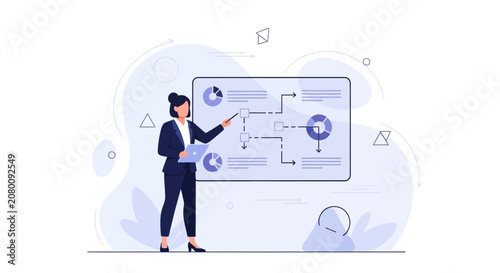 Businesswoman Presenting Data and Strategy with Flowchart on a Digital Screen