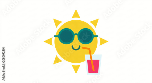 Happy Sun Wearing Sunglasses Drinking Cold Beverage Vector Illustration