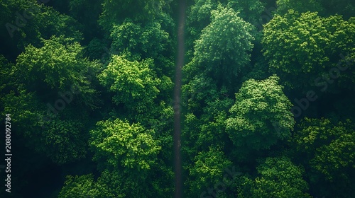 Aerial view lush forest canopy road path