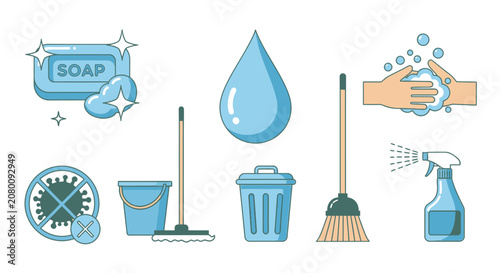 Hygiene and cleaning equipment vector icons set