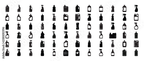 Konstfotografi Household cleaning bottle silhouette icons set, minimalist black flat vector ele