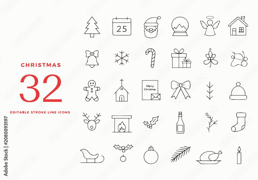 Fototapeta premium Christmas line icons collection for winter holiday season and festive decoration.