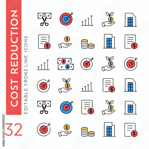 Thirty two cost reduction icons representing financial savings and efficient budget.