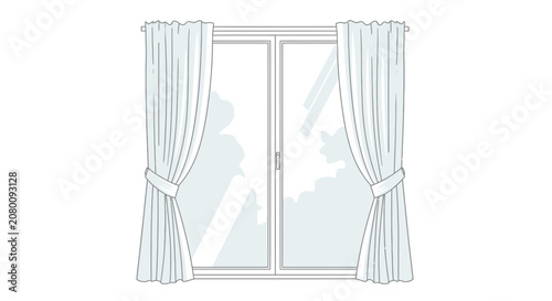 Modern sliding glass door with drapes and window reflection
