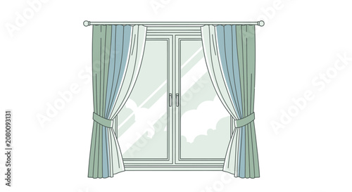 Open window with draped curtains and view of clouds outside