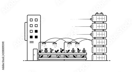 Modern vertical farming system with automated watering in urban setting