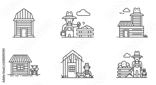 Rural farming life icons representing agriculture and livestock