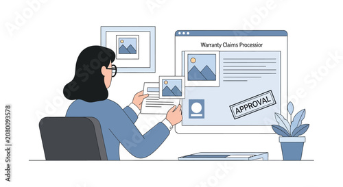 A woman working at a computer processing property claims with approval.