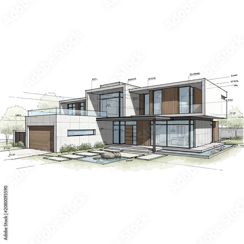 Architectural sketch of a modern luxury residential house design.