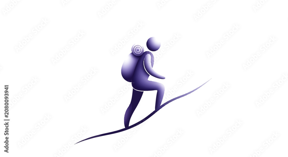 Obraz premium Stylized hiker with backpack climbing uphill on a path, minimalist art style, purple gradient