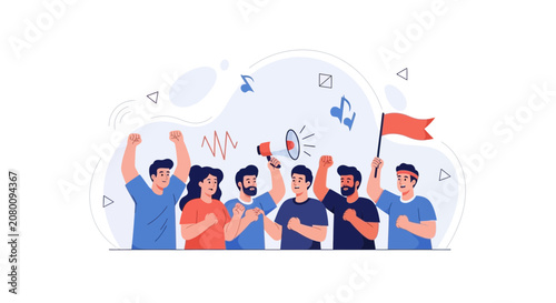 Diverse group of people protesting with flags and megaphones, conveying a message of unity and activism in a modern flat vector style.