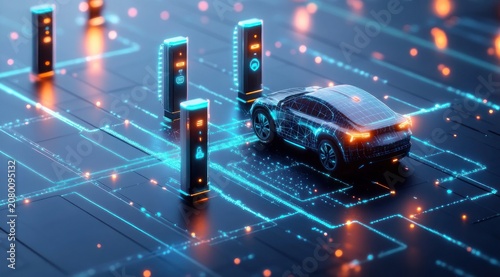 Futuristic electric car with holographic mesh at glowing charging pillars on a neon circuit grid, conveying connected, high-tech energy and innovation