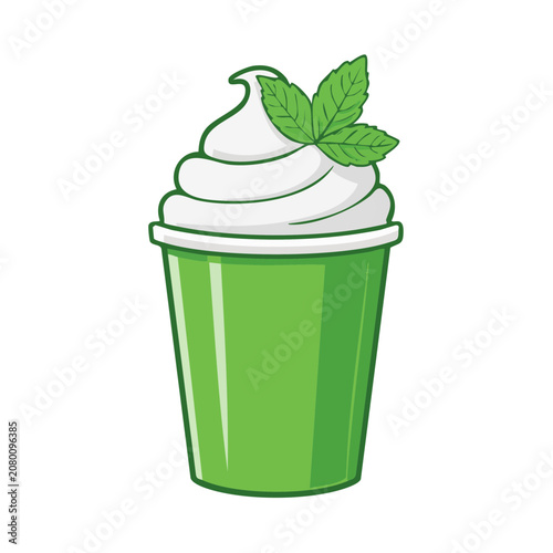 Green mint ice cream cup with whipped cream and leaf