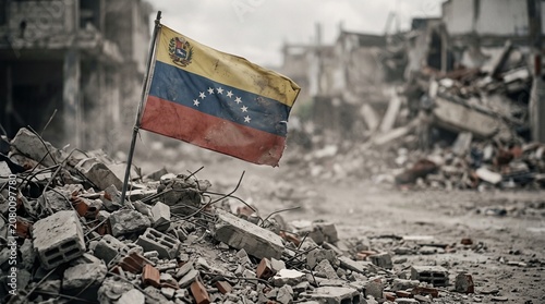 Venezuelan flag on rubble in dusty disaster zone. Aftermath of severe earthquake catastrophe. National tragedy and humanitarian crisis in disaster zone.