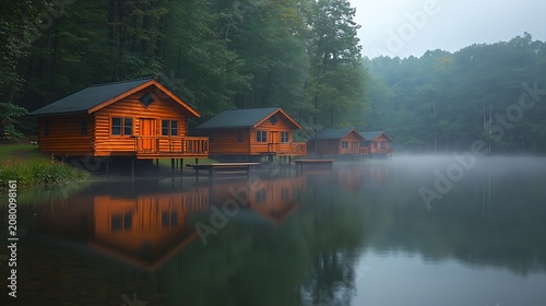 Misty morning cabin lake scene