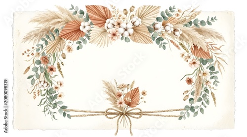 Watercolor boho invitation border with pampas grass, dried palms, cotton, and wildflowers. Elegant rustic arch frame with a twine bow on textured paper.