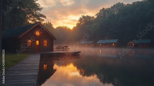 Rustic cabins on calm lake at dawn
