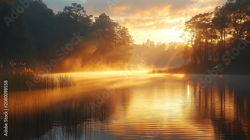 Golden sunrise over calm lake