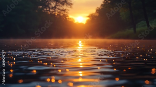Sunrise over still water golden