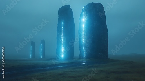 Mystical stone structures in foggy landscape