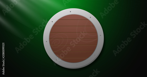 Round Wooden Signboard with Metal Frame on Green Background for Fantasy Game UI