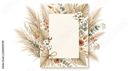 Vertical boho invitation border with watercolor pampas grass, dried palms, cotton, and eucalyptus. Rustic frame with a twine bow for wedding stationery.