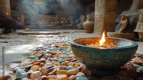 Lit candle in decorative bowl with colorful stones