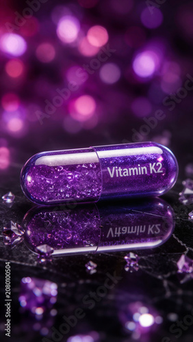 Vitamin K2 capsule sits on a dark surface surrounded by purple crystals in a creative arrangement at a close distance