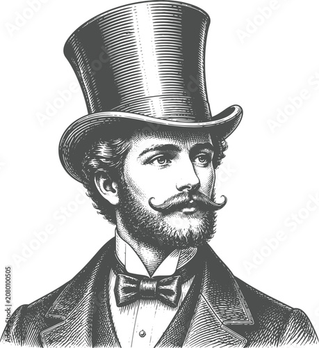 Принти на полотні Vintage Victorian Gentleman with Top Hat Engraving Vector | Antique Hand Drawn P