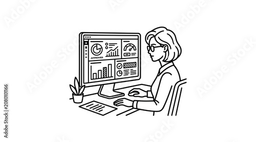 Female Analyst Working on Financial Data Dashboard at Workspace
