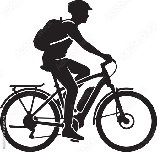 Black silhouette of a person riding an electric bicycle with a backpack for commuting or outdoor travel