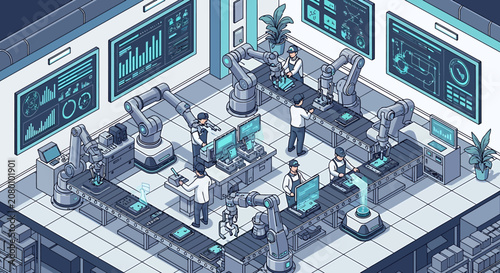 Isometric vector illustration of scientists and robotic arms working in a modern high tech laboratory.