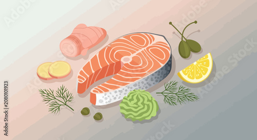 Isometric vector illustration of raw salmon steak with lemon ginger wasabi and dill herbs.