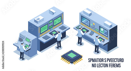 Isometric vector illustration of scientists and engineers operating control panels and monitoring microchip production in a high tech facility.