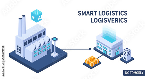 Isometric vector illustration of smart logistics connecting automated factory to warehouse distribution center.