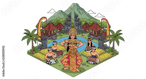 Isometric vector illustration of traditional Balinese dancer and gamelan musicians in a scenic village with volcano background.