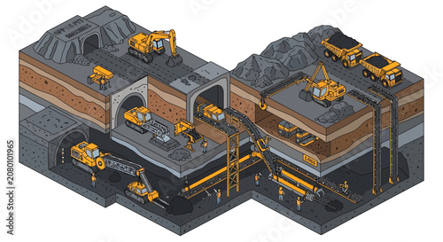 Isometric vector illustration of underground mining and tunnel construction site with heavy machinery.