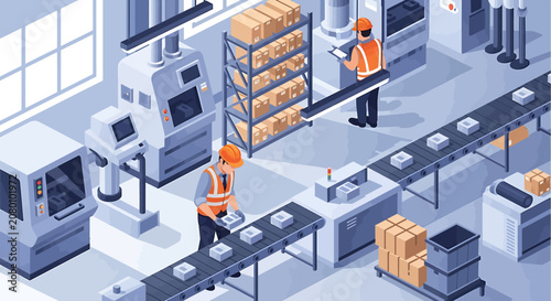 Isometric vector illustration of workers operating machinery on an automated factory assembly line.