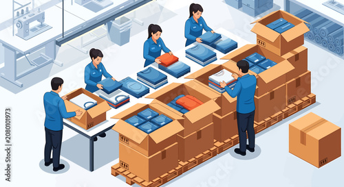 Isometric vector illustration of workers packaging folded clothes into cardboard boxes in a garment factory warehouse.