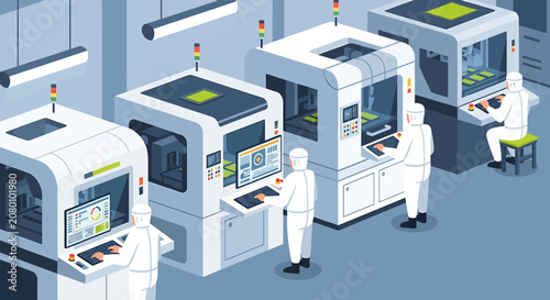 Isometric vector illustration of workers in cleanroom suits operating high tech semiconductor manufacturing machinery in a factory.