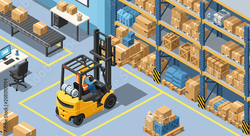 Isometric warehouse interior with forklift truck loading cardboard boxes on storage racks.